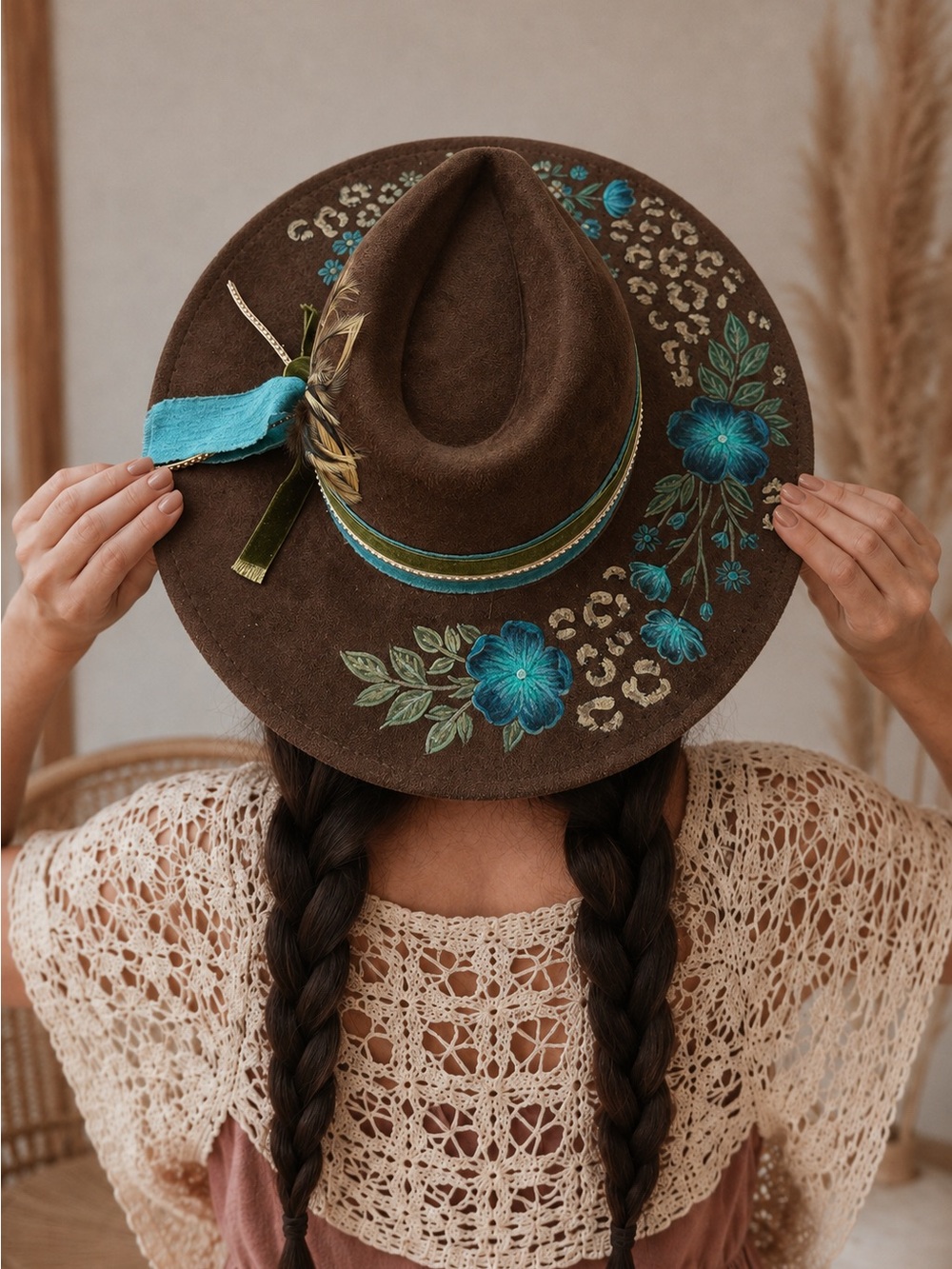 Hand Painted Floral Rancher Hat Brown Turquoise Leopard Western Boho No. 9